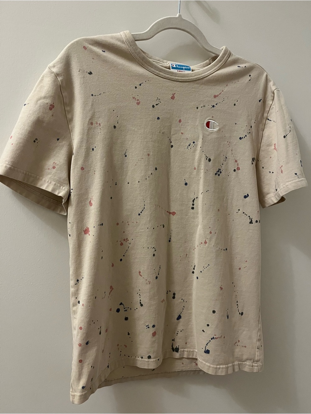 Champion Beige Paint-Splatter Crewneck Tee with Logo